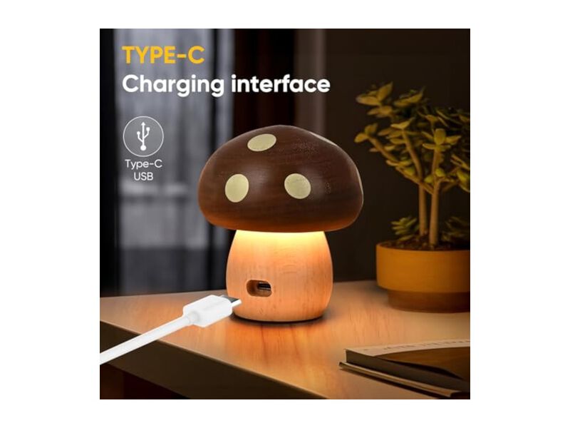 Cordless Dimmable Touch Control Wood Mushroom Lamp For Bedroom Patio image number 3