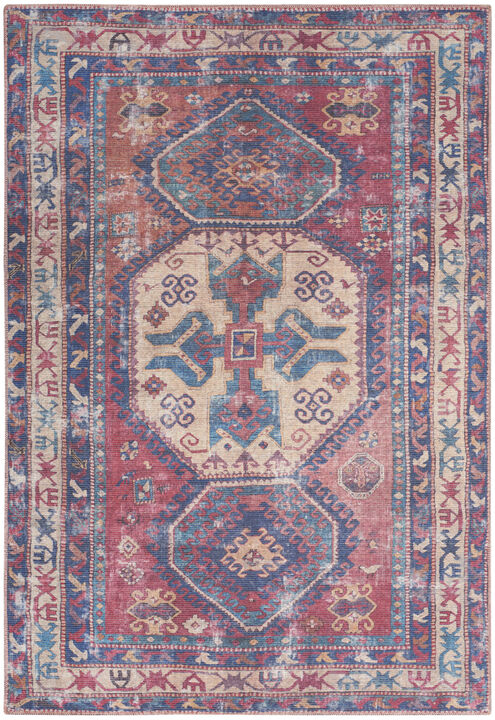 4 X 6 Red And Navy Oriental Power Loom Distressed Washable Area Rug