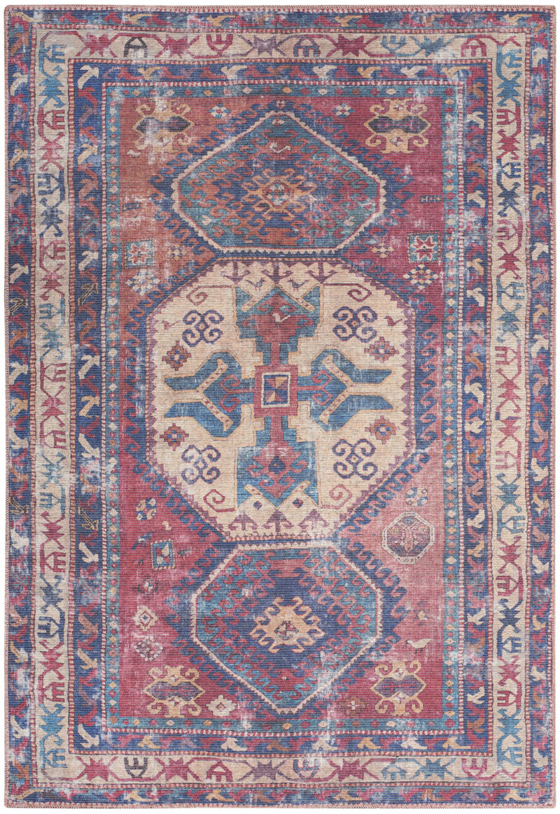 4 X 6 Red And Navy Oriental Power Loom Distressed Washable Area Rug