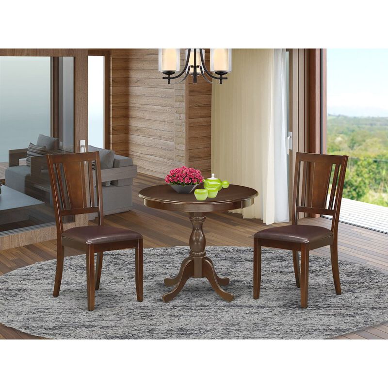 East West Furniture AMDU3-MAH-LC 3 Piece Modern Dining Table Set Contains 1 Round Pedestal Table and 2 Mahogany Faux Leather Kitchen Chair with Panel Back - Mahogany Finish