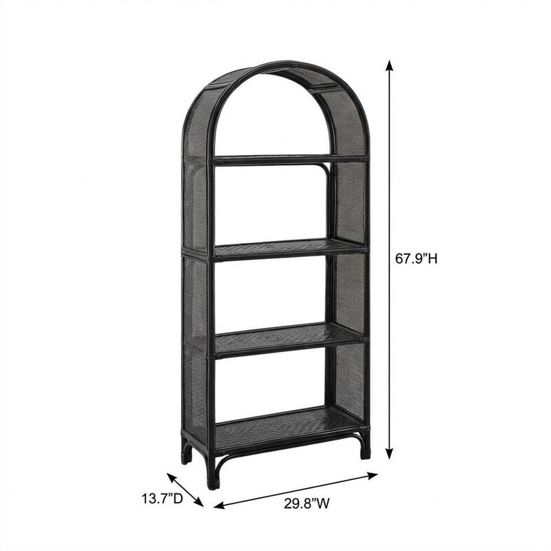 Black Arched Rattan Bookshelf with Slim Shelves and Natural Finish image number 2