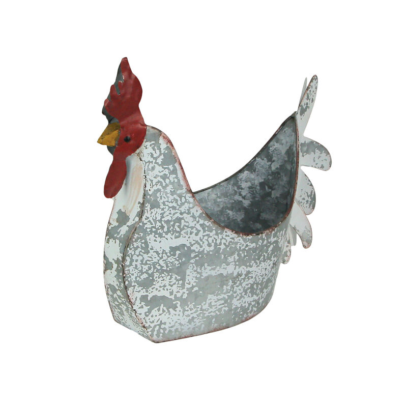 Weathered White Galvanized Metal Rooster Planter - Farmhouse Garden Decor image number 1