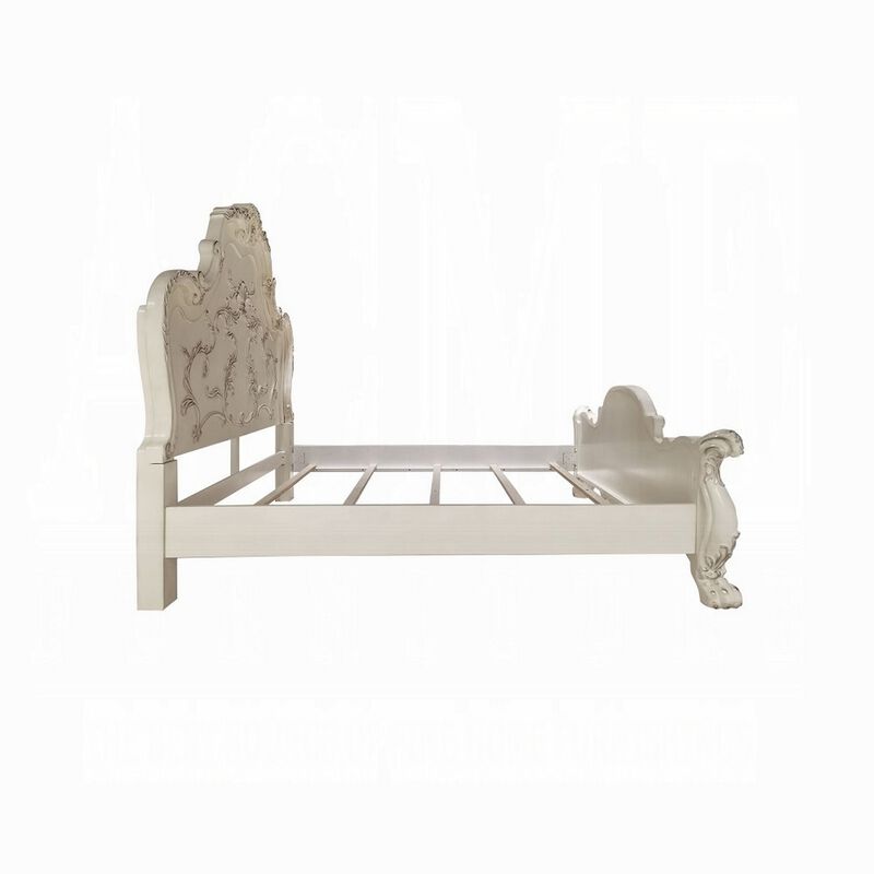 Ally King Bed, Decorative Carved Accent Inlay, Bone White Wood, Silver - Benzara