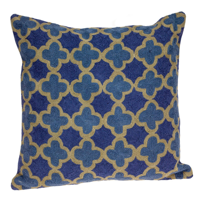 HomeRoots 20" Blue and Brown Quatrefoil Wool Throw Pillow With Embroidery image number 0