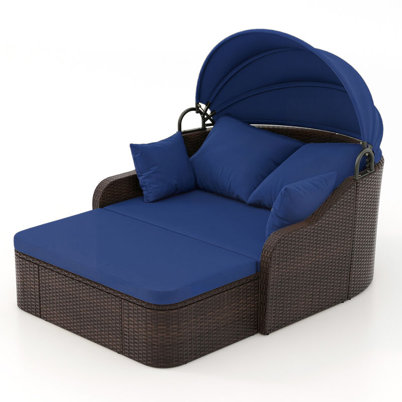 PE Rattan Patio Daybed with Adjustable Canopy and Soft Cushions image number 0