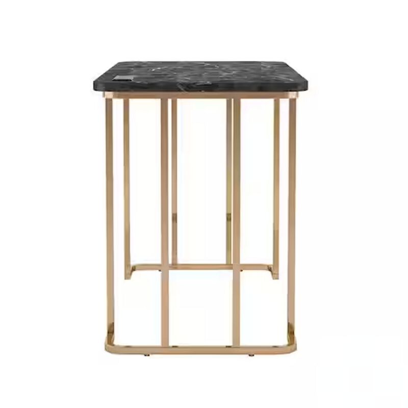 Jenny 47 Inch Desk, USB Power Outlet, Gold Metal Legs, Black Faux Marble - Benzara