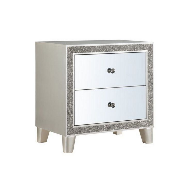 Nightstand with Mirrored Front 2 Drawers, Champagne Silver-Benzara