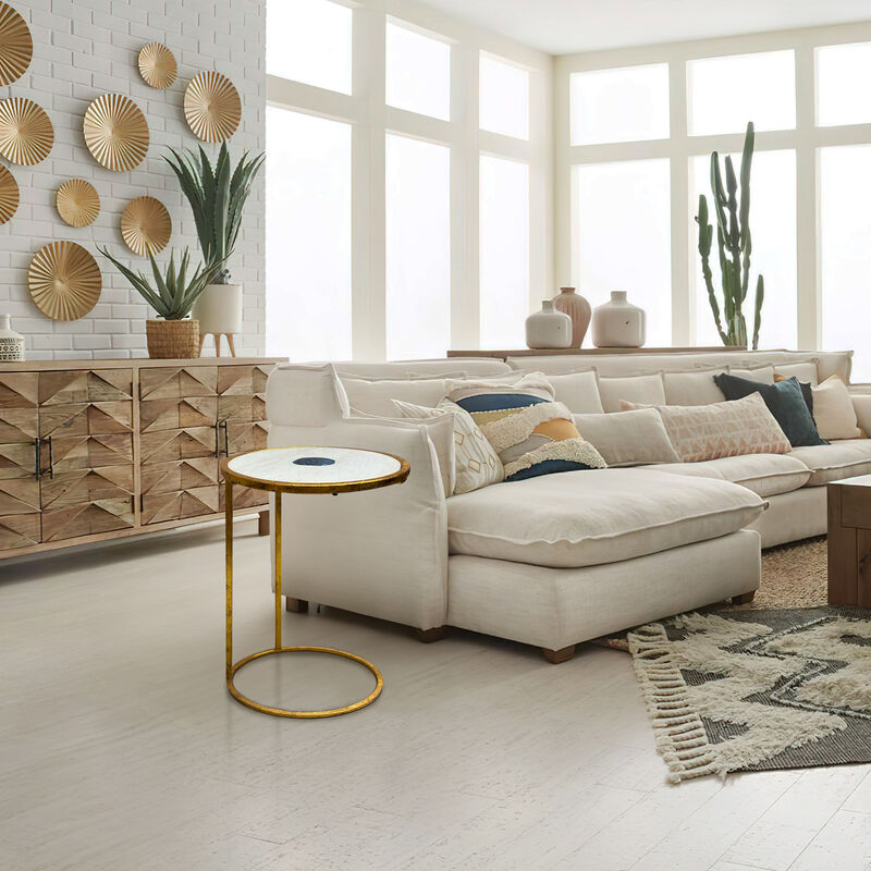 20 Inch Round Side End Table, White Marble Top with Blue Agate Stone Inlay, Gold Foil Finish Iron Frame