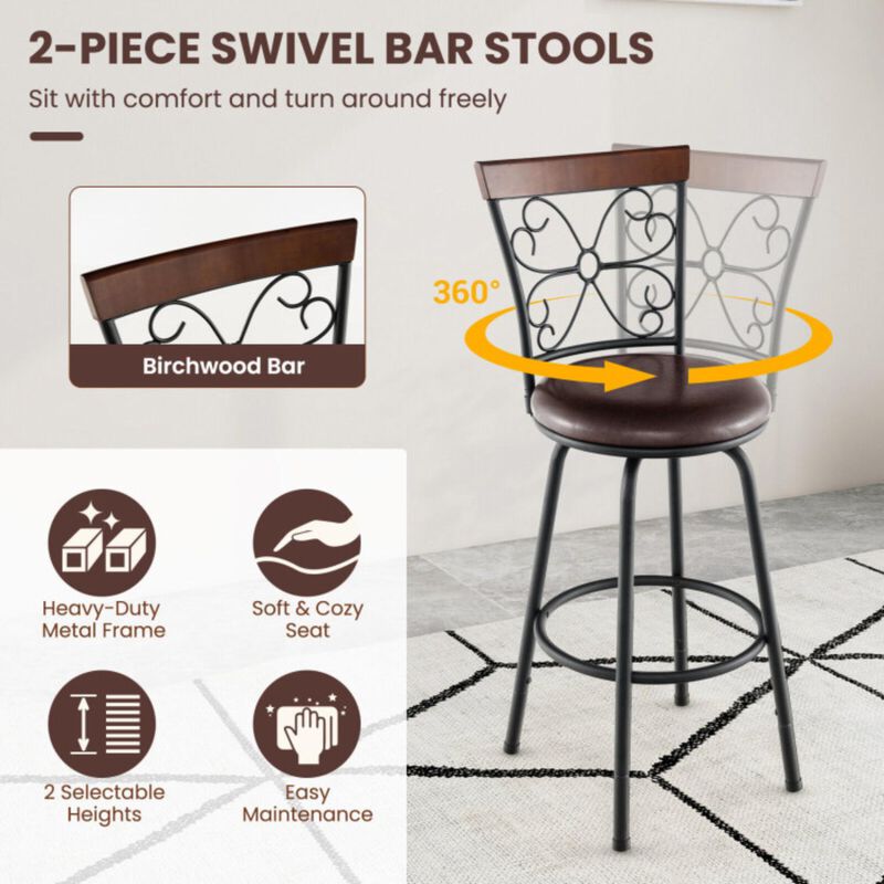 Hivvago 2 Pieces 24-30 Inch Adjustable PU Cushioned Swivel Barstools