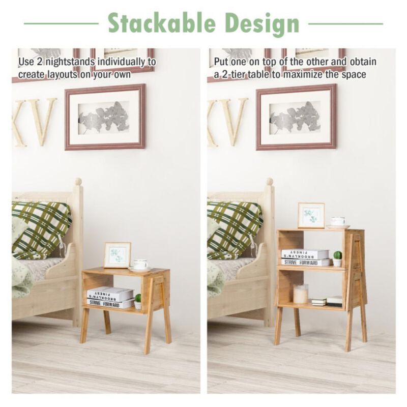 Hivvago 2 Pieces Bamboo Nightstand Sofa Table with Storage Shelf