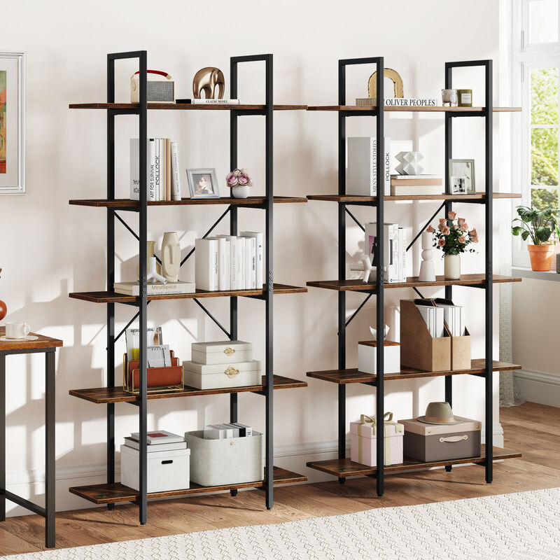 5-Tier 62 Inch Tall Vintage Industrial Bookcase with Open Storage Shelves-Rustic Brown