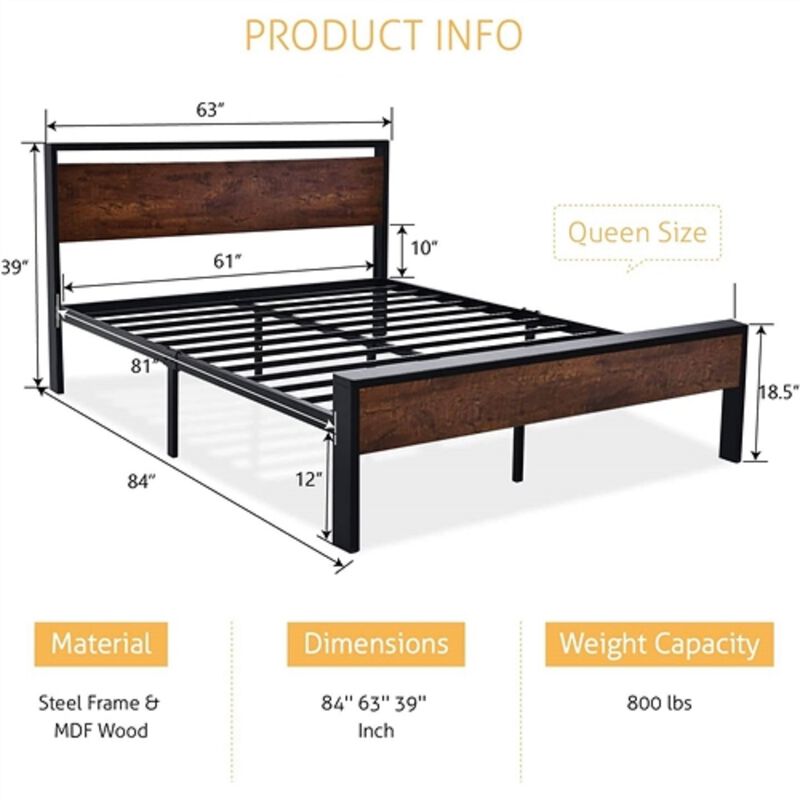 Mahogany Wood Panel Bed Frame – Metal Platform Bed with Elegant Headboard and Footboard