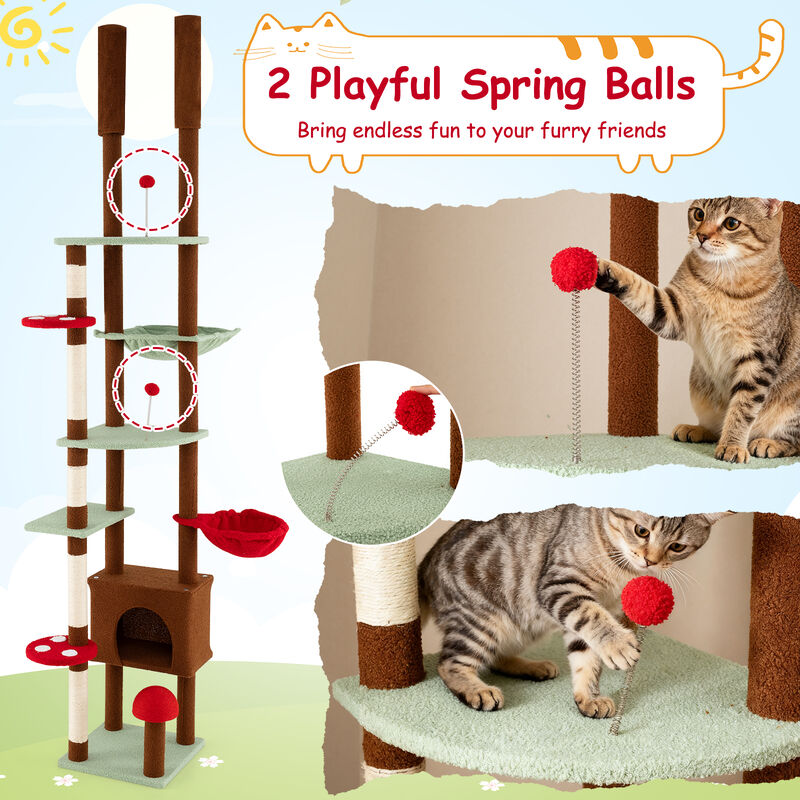 Mushroom Themed Floor to Ceiling Cat Tree with Adjustable Height, Condo, and Hammock-Brown image number 7