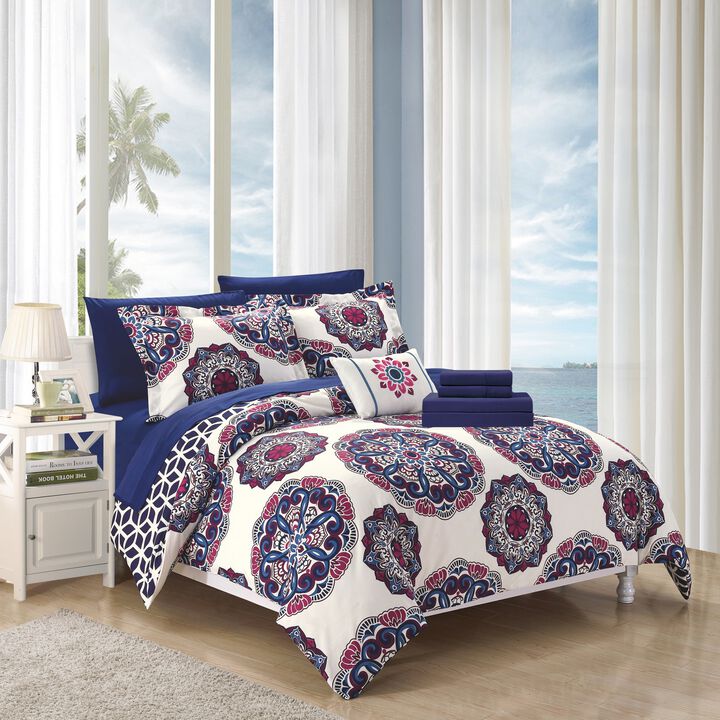 Chic Home Medallion Modern Pattern Microfiber 6/8 Pieces Comforter Bed In A Bag Sheet Set & Decorative Shams - Twin 66x90, Navy