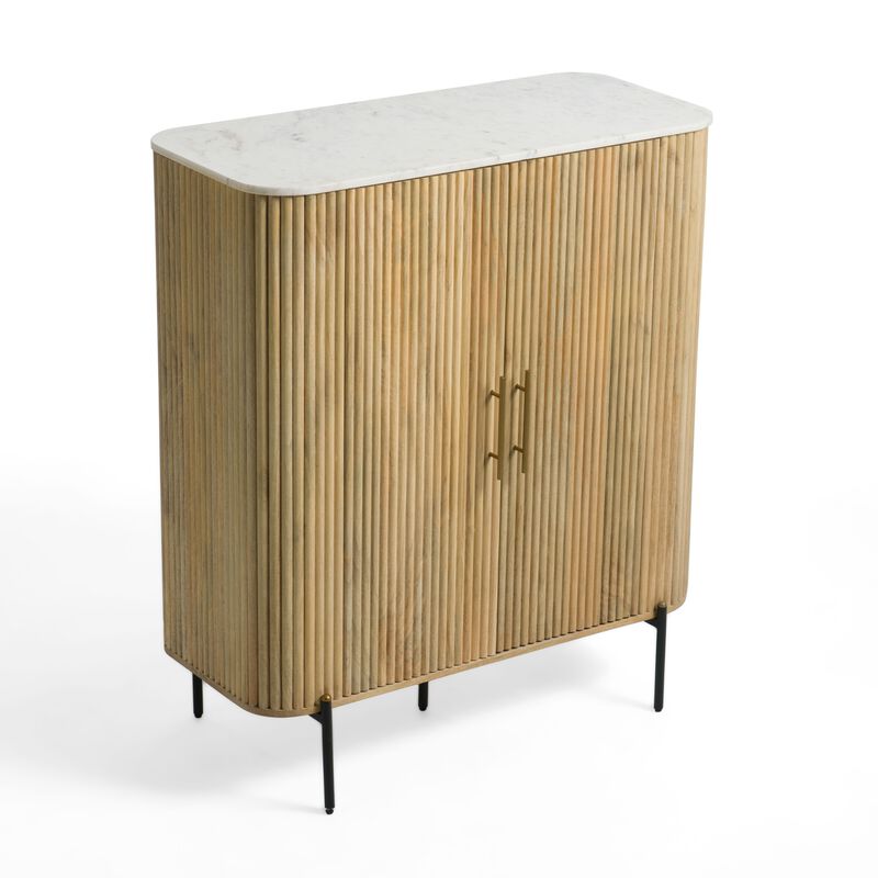 Cid Jolie Accent Cabinet, 47 Inch Marble Top, Reeded Mango Wood, 2 Doors