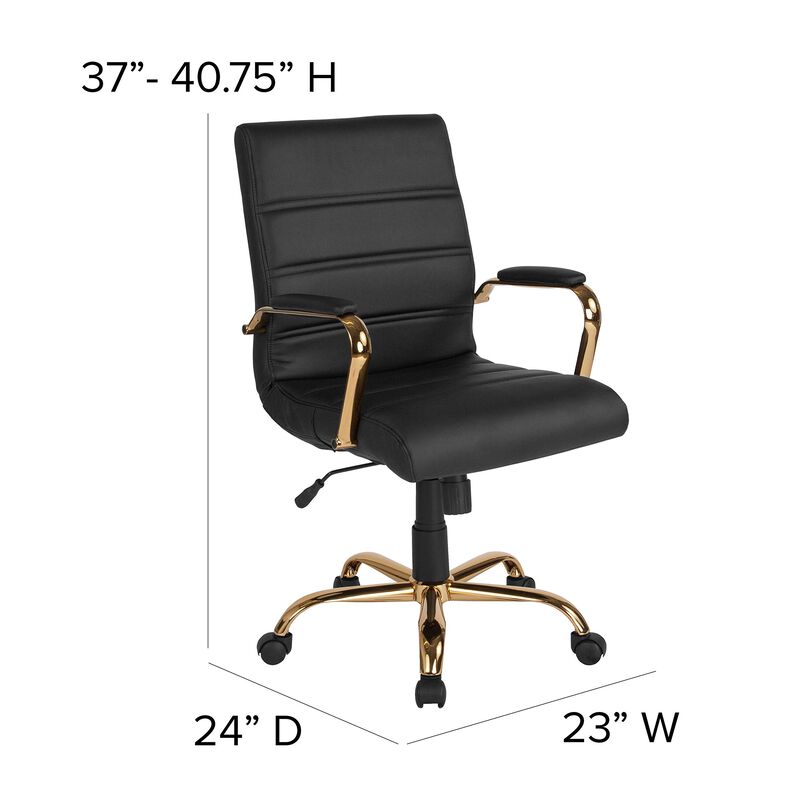 Flash Furniture Whitney Mid-Back Desk Chair - Black LeatherSoft Executive Swivel Office Chair with Gold Frame - Swivel Arm Chair image number 4