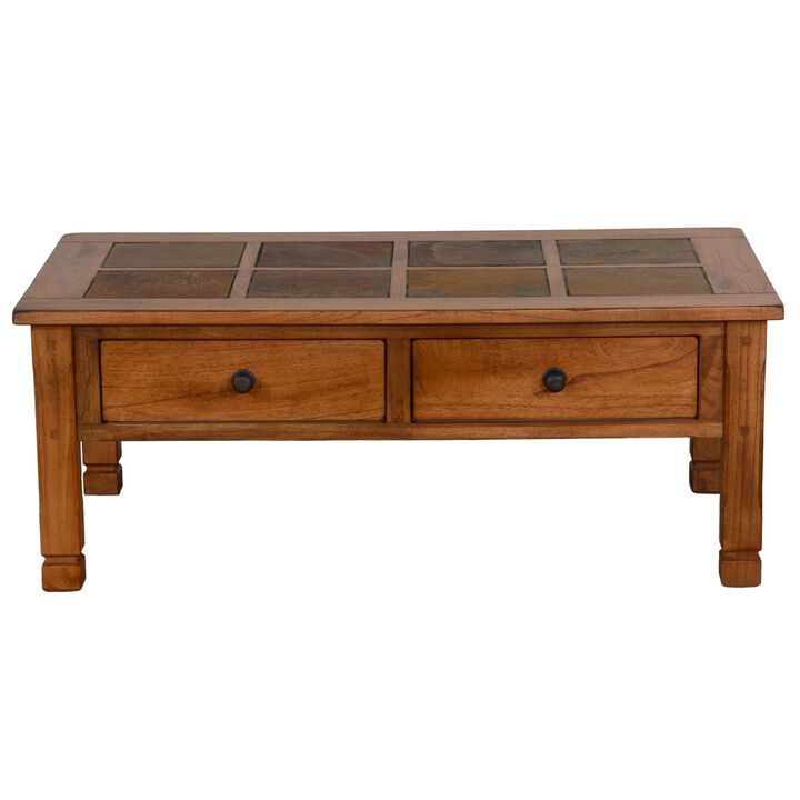 Marv Coffee Table, 2 Drawers, 49 Inch Rectangular w Brown Slate Inlay