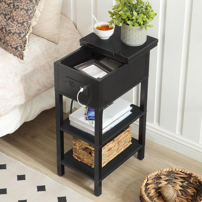 HOOBRO End Table with Charging Station, Flip Top Side Table with USB Ports, Narrow Nightstand Bedside Tables with Storage Shelve