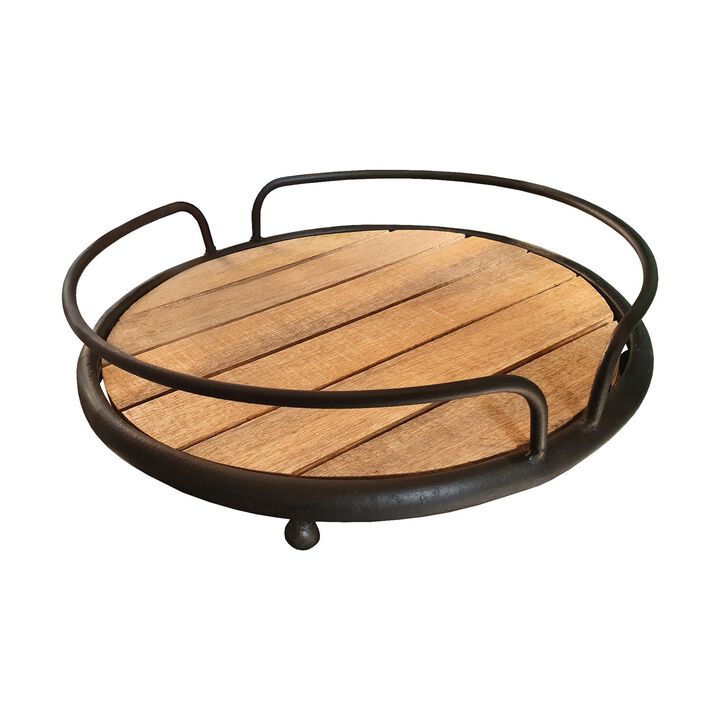 Round Tubular Metal Frame Tray with Plank Style Wooden Base, Brown and Black-Benzara