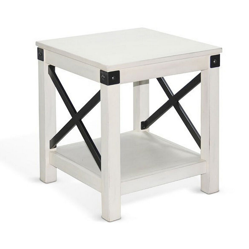 Sime Side End Table w Shelf, X Panel, 20 Inch Square Off White Wood