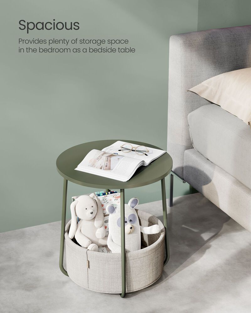 Bedside End Table with Fabric Bin &ndash; Small Accent Table with Storage Basket for Books, Blankets or Remotes