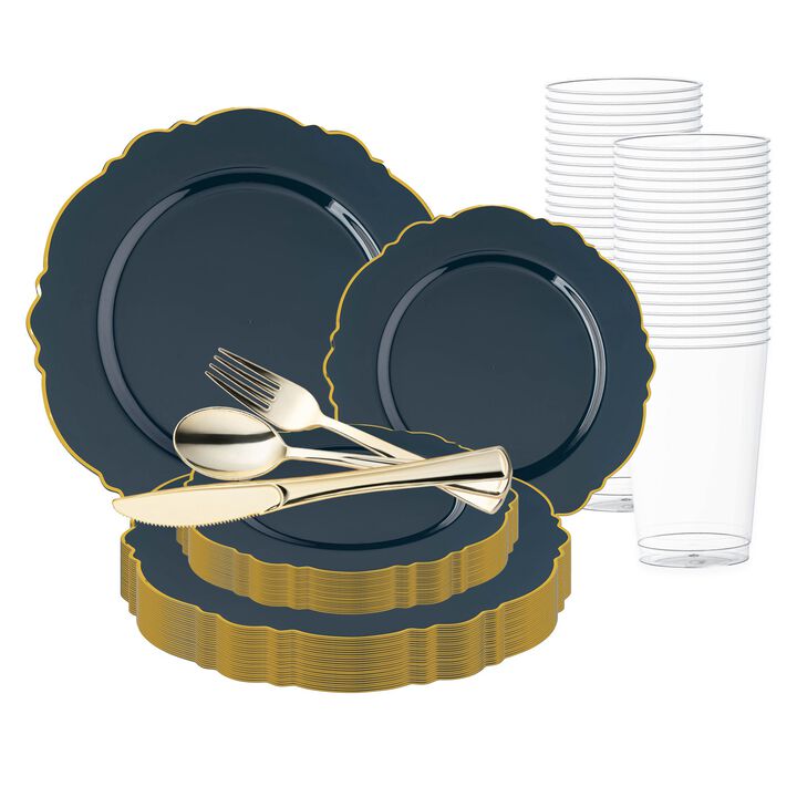 Navy with Gold Rim Round Blossom Plastic Wedding Value Set (30 Sets)
