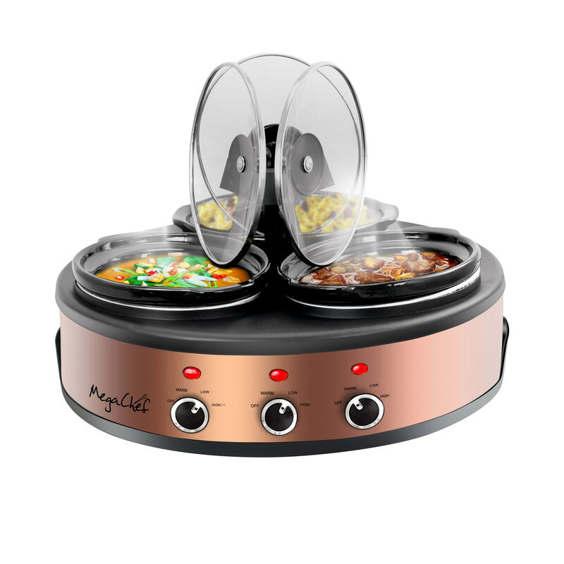 MegaChef Round Triple 1.5 Quart Slow Cooker and Buffet Server in Brushed Copper and Black Finish with 3 Ceramic Cooking Pots and Removable Lid Rests image number 0
