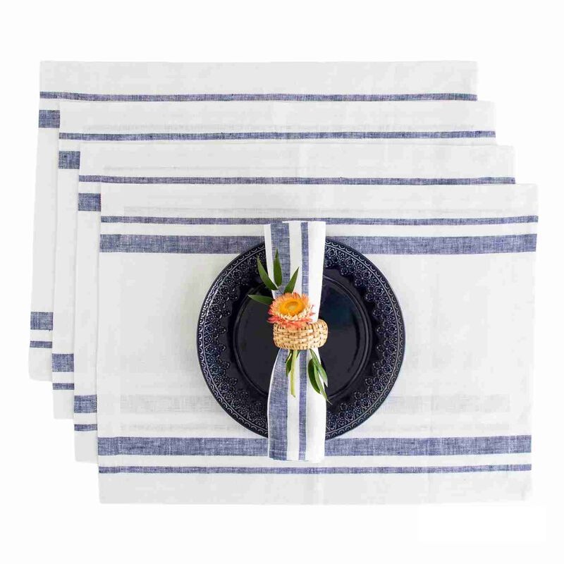 Solino Home 100% Pure Linen Placemats 14 x 19 Inch Set of 4 - French Stripe