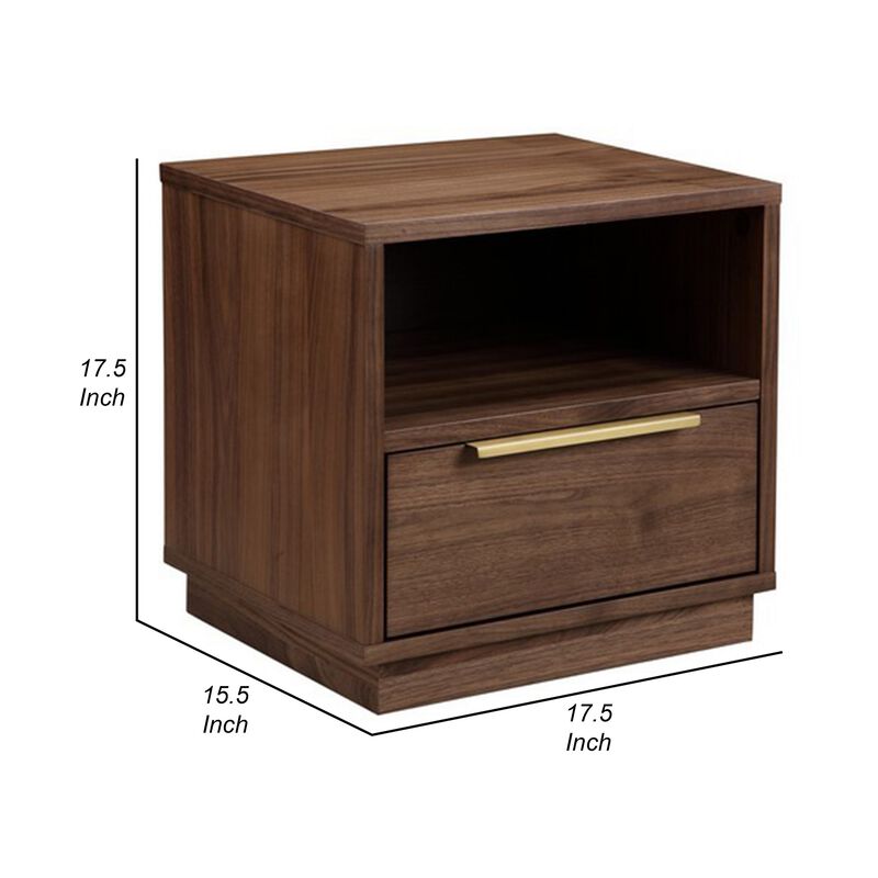 Tommy 18 Inch Nightstand, 1 Drawer with Handle, 1 Storage Cubby, Brown Gold - Benzara