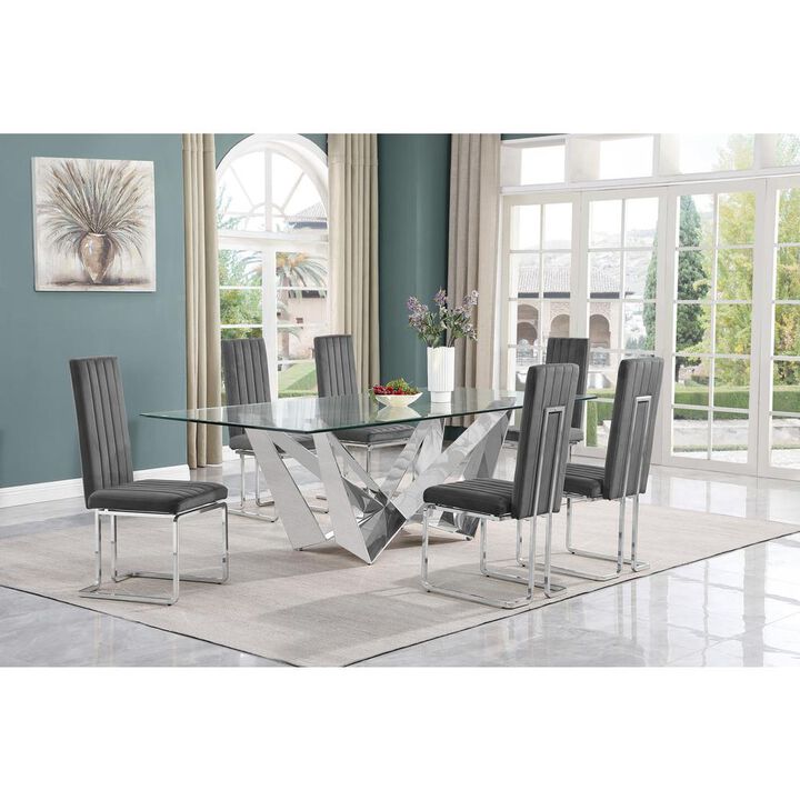 7pc Large(94") glass top dining set with silver base and 6 Dark grey side chairs
