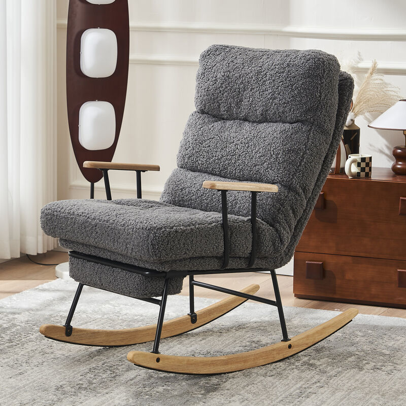 Modern Teddy Gliding Rocking Chair with High Back, Retractable Footrest, and Adjustable Back Angle for Nursery, Living Room, and Bedroom, Gray
