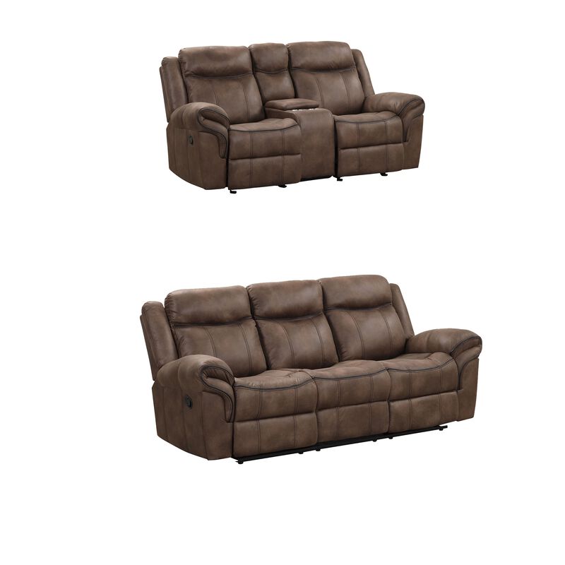 Arisa Sofa and Loveseat Manual Recliner Set, Brown Faux Leather, Drop Table - Benzara