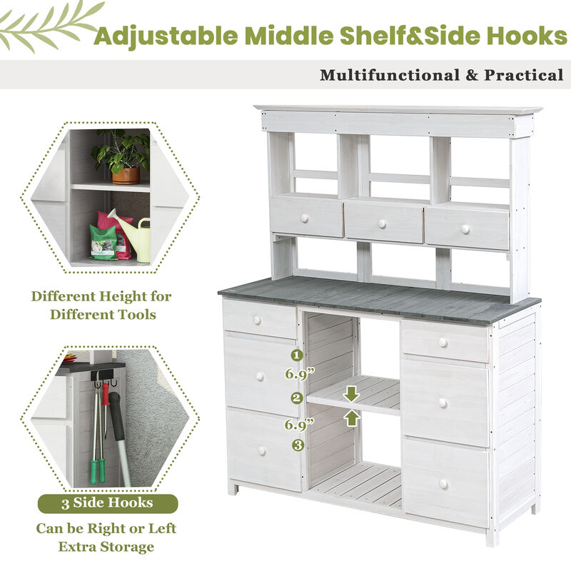 Potting Bench with Multiple Drawers & Shelves, Adjustable Shelf & Anti-Falling Device