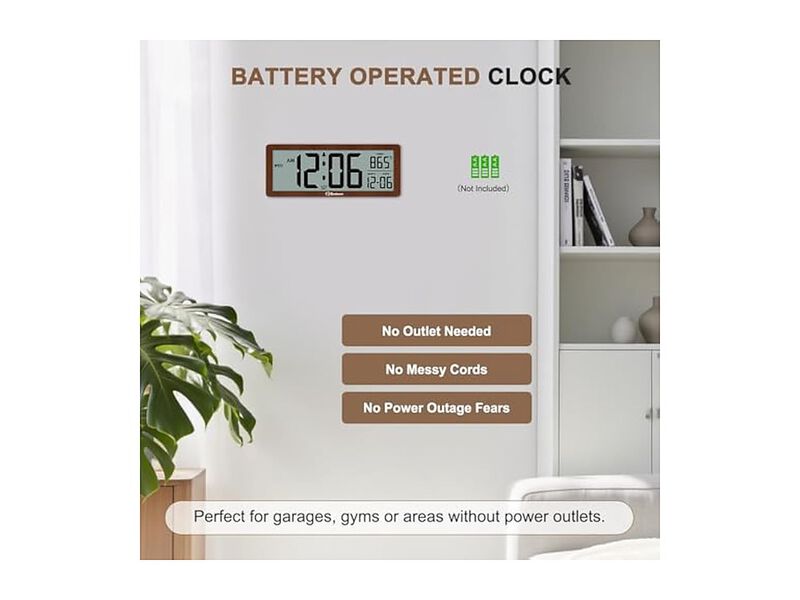 Digital Backlight Temperature Date Day Wall Clock 5 Inch Brown Battery Operated image number 2