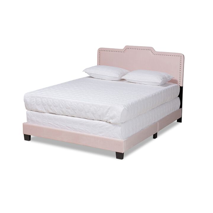 Baxton Studio Benjen Modern and Contemporary Glam Light Pink Velvet Fabric Upholstered Queen Size Panel Bed
