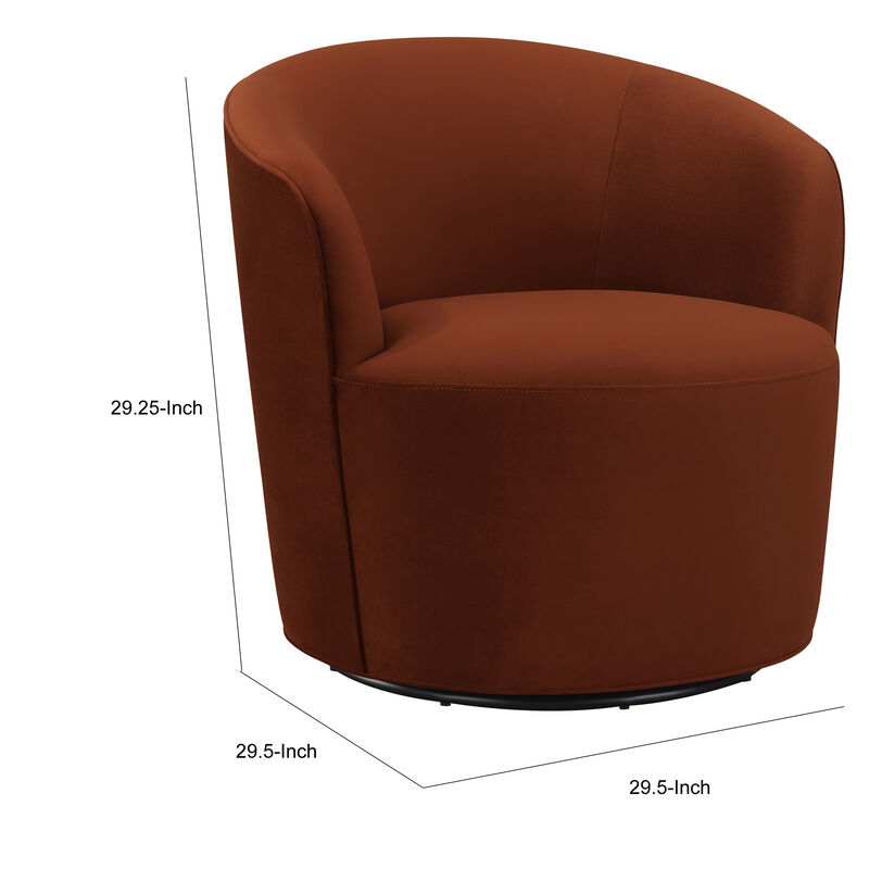 30 Inch Swivel Accent Chair, Padded Barrel Style, Burnished Orange Velvet-Benzara