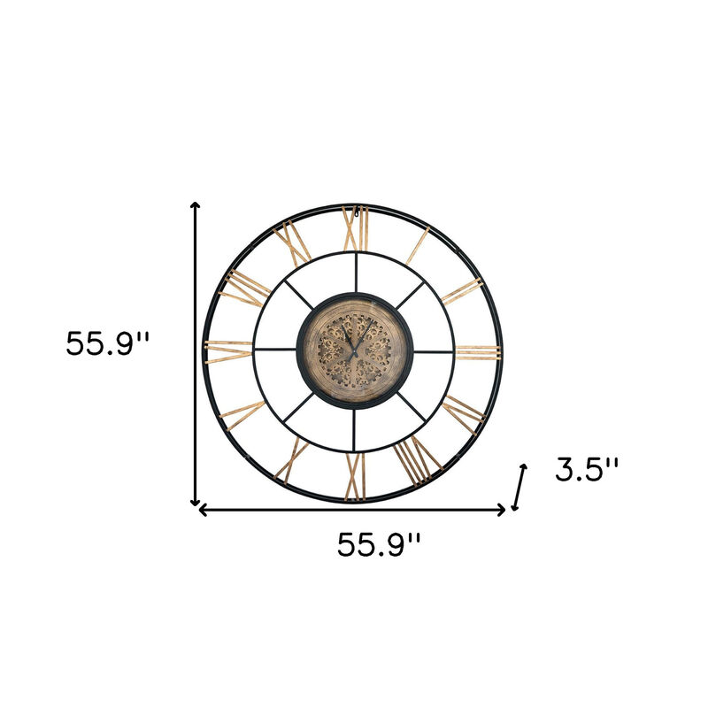 HomeRoots 56" Circle Copper Metal and Glass Analog Exposed Gear Wall Clock image number 6
