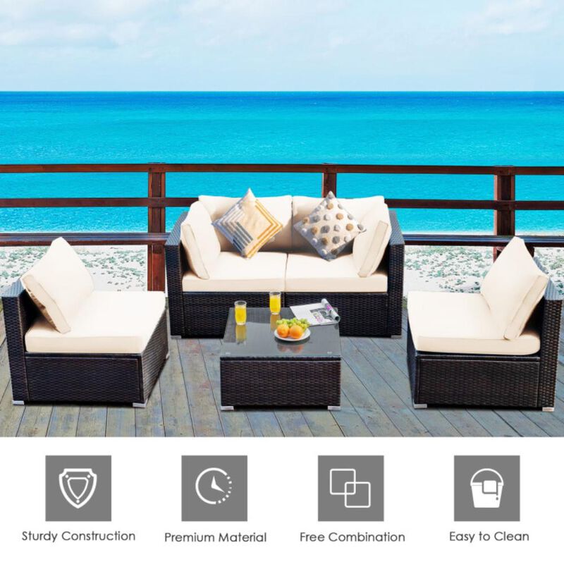 Hivvago 5 Pieces Cushioned Patio Rattan Furniture Set with Glass Table