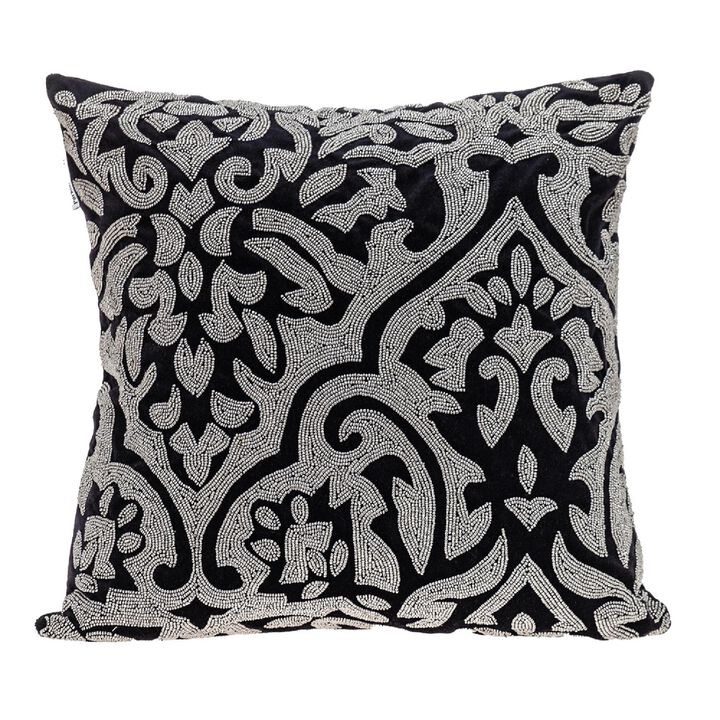 18" Black and Silver Transitional Damask Beaded Throw Pillow