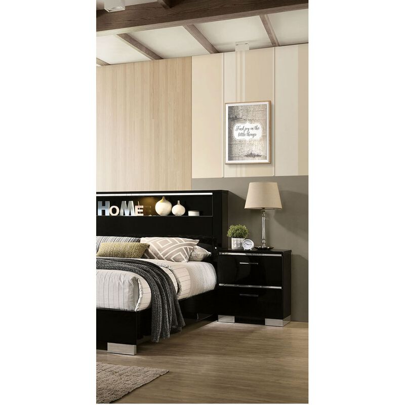 Streamdale Black Nightstand with USB Charger & Chrome Accents