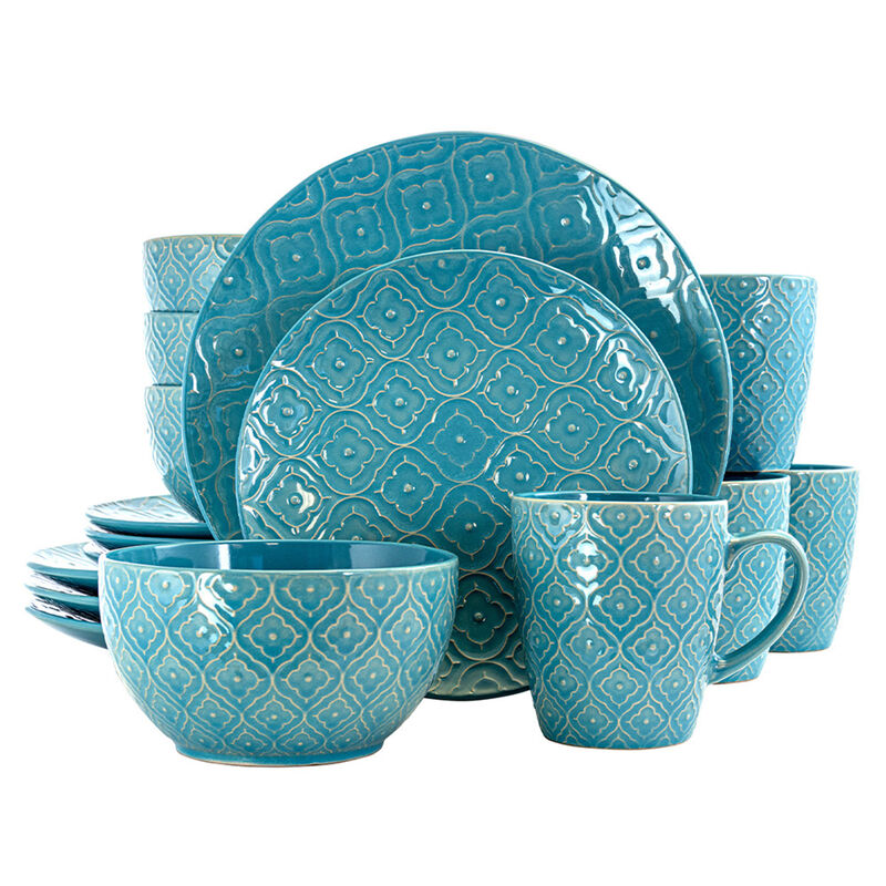 Elama Aqua Lily 16 Piece Luxurious Stoneware Dinnerware with Complete Setting for 4