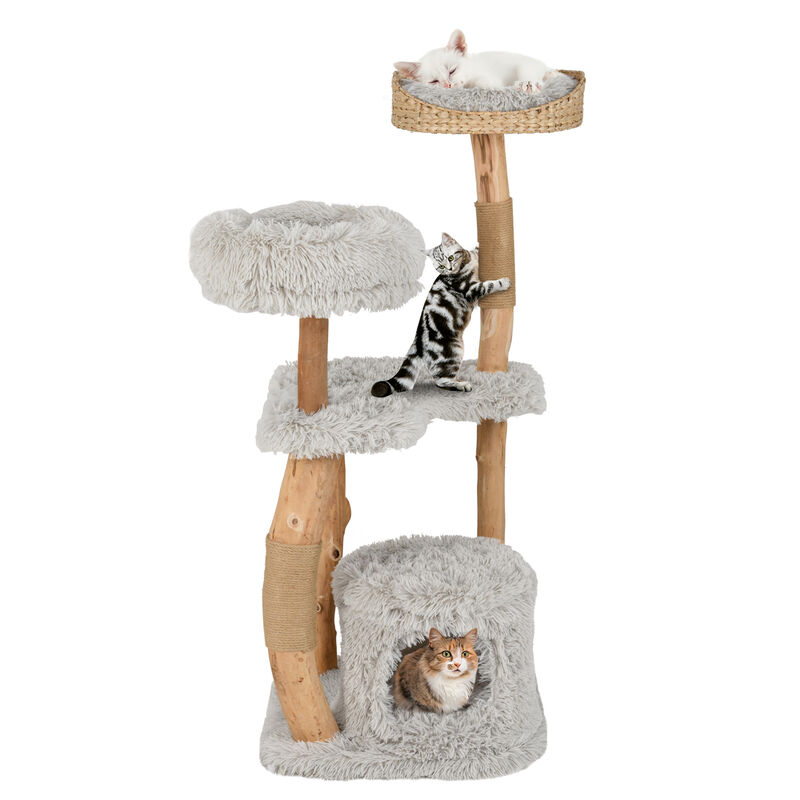 Solid Wood Cat Tree Tower – Elevated Cattail Basket Bed & Multi-Tier Activity Center