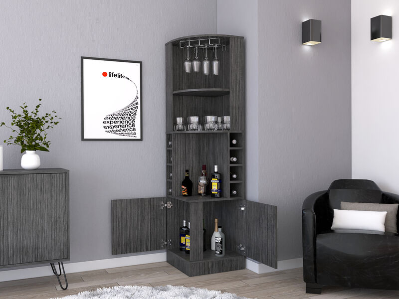 DEPOT E-SHOP Egina Corner Bar Cabinet, Two External Shelves, Smokey Oak