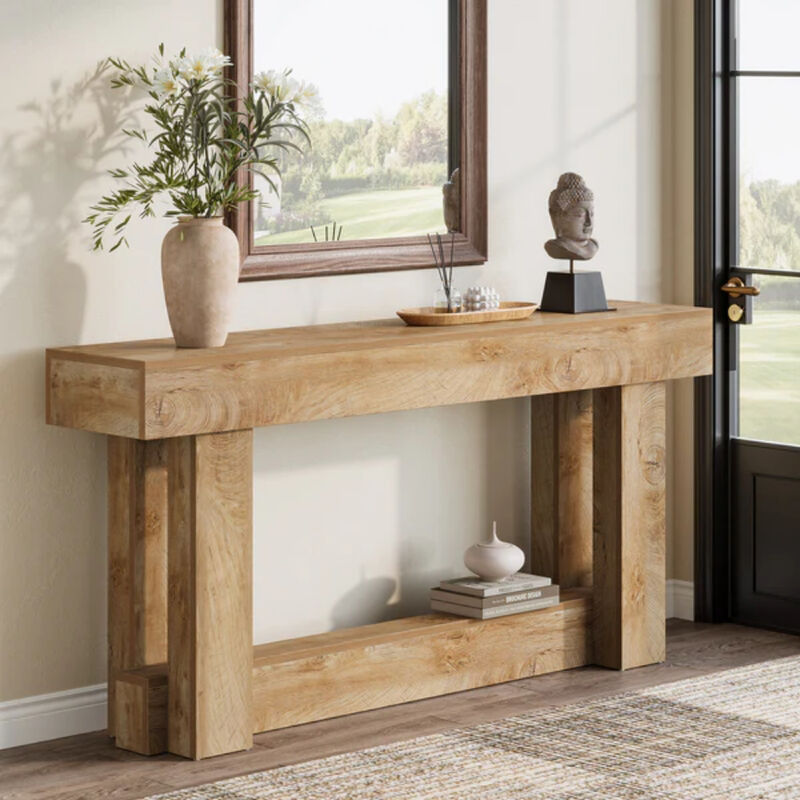 63 Inch Farmhouse Console Table, 2-Tier Entryway Table-Brown