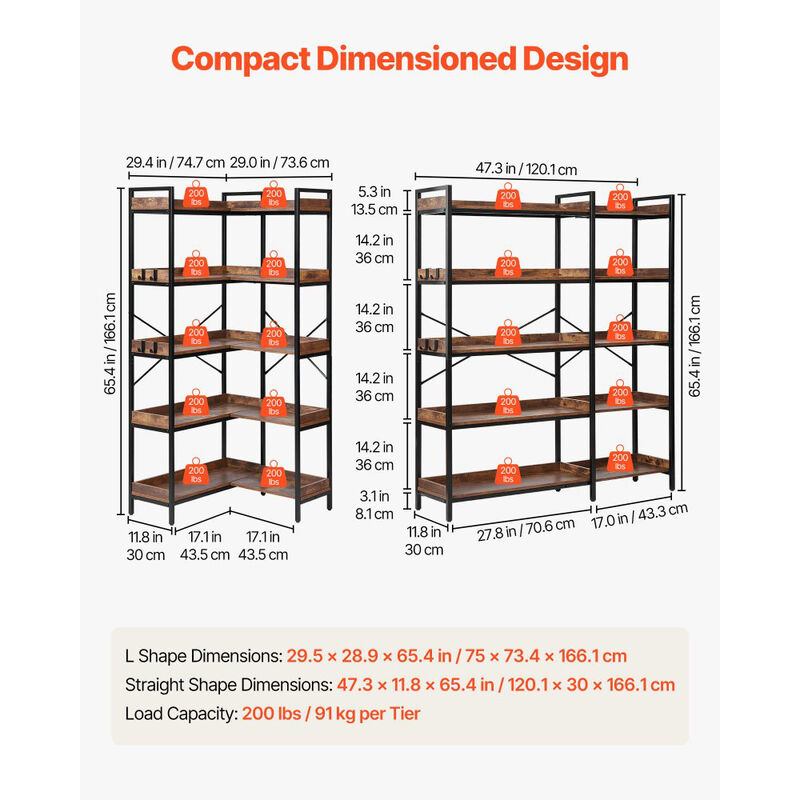 Industrial Corner 5-Tier Bookshelf with Hooks, Metal Frame Wood Shelves, L-Shaped Display Rack image number 2