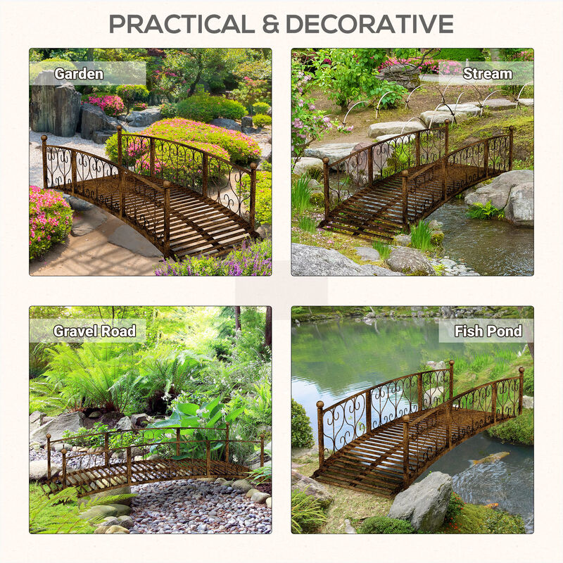 Outsunny 7' Metal Arch Garden Bridge with Safety Siderails, Decorative Arc Footbridge with Delicate Scrollwork "S" Motifs for Backyard Creek, Stream, Fish Pond, Bronze