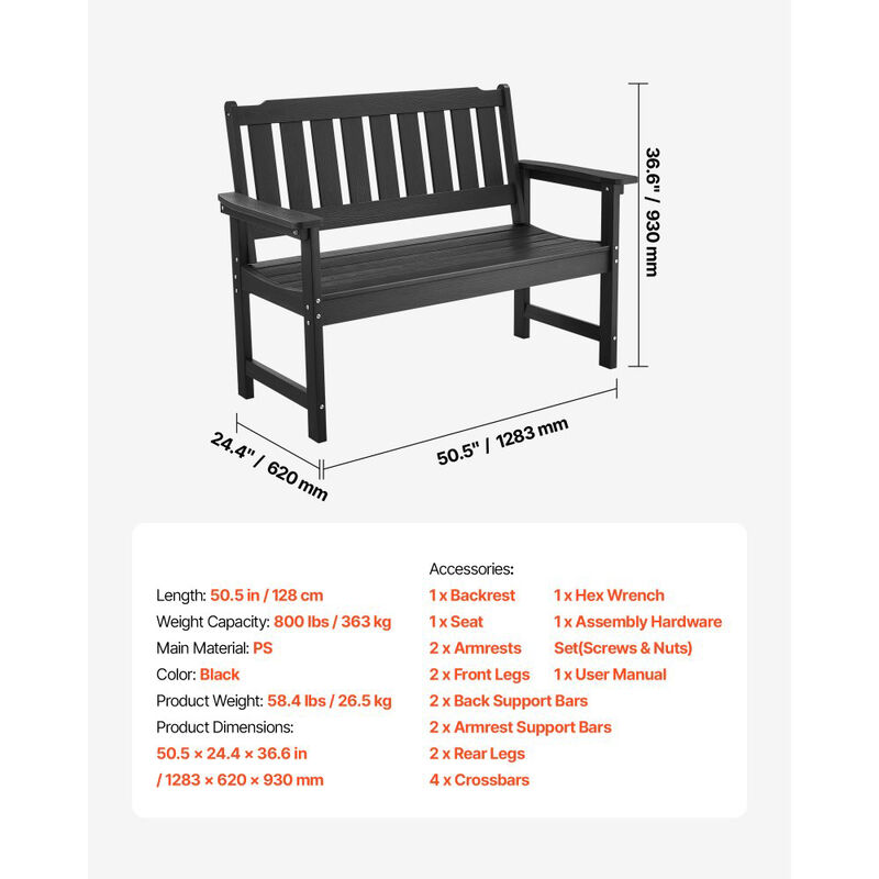 Weatherproof Outdoor Bench for 2-3 People Plastic Patio Bench with Backrest for Porch Yard-Black image number 2