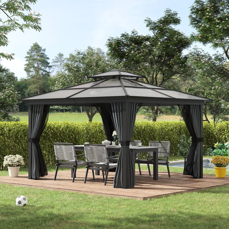 Black Backyard Retreat: 10x10 Aluminum Hardtop Gazebo with Curtains