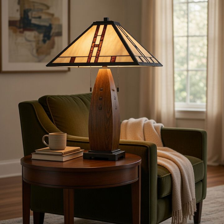 Table Lamp with Pull Chain, Tiffany Stained Glass Shade, 26 Inch Brown