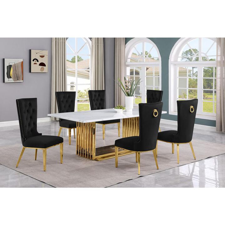 7pc Large(79") marble top dining set with gold base and 6 Black side chairs